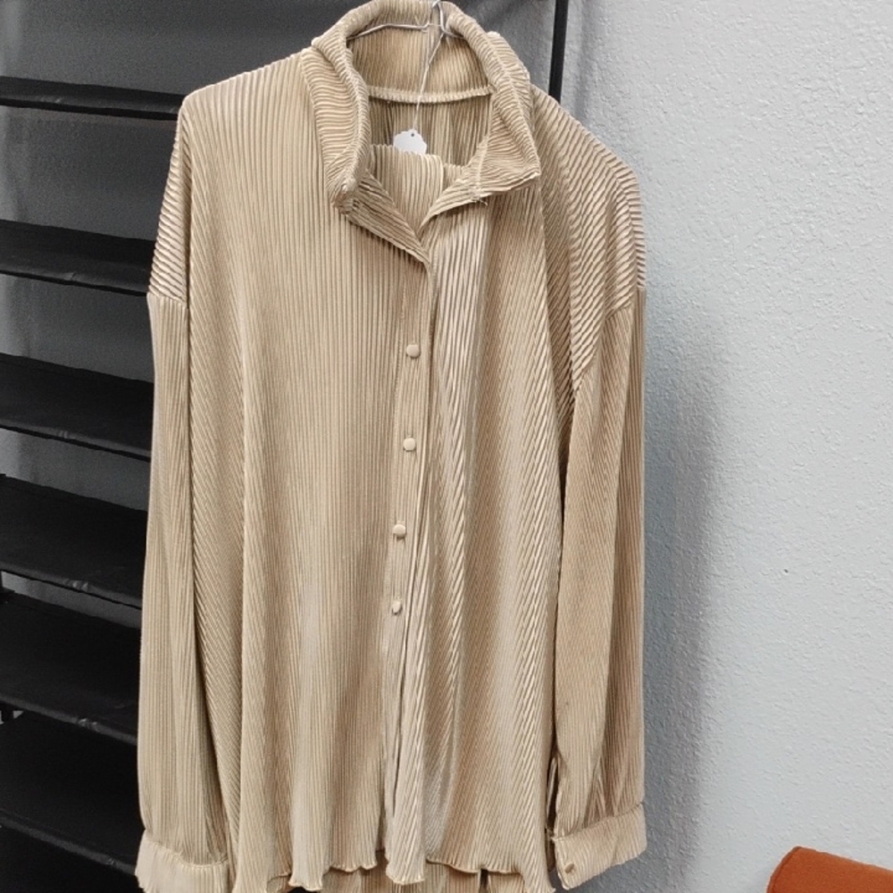 Beige Pleated Button-Up Blouse